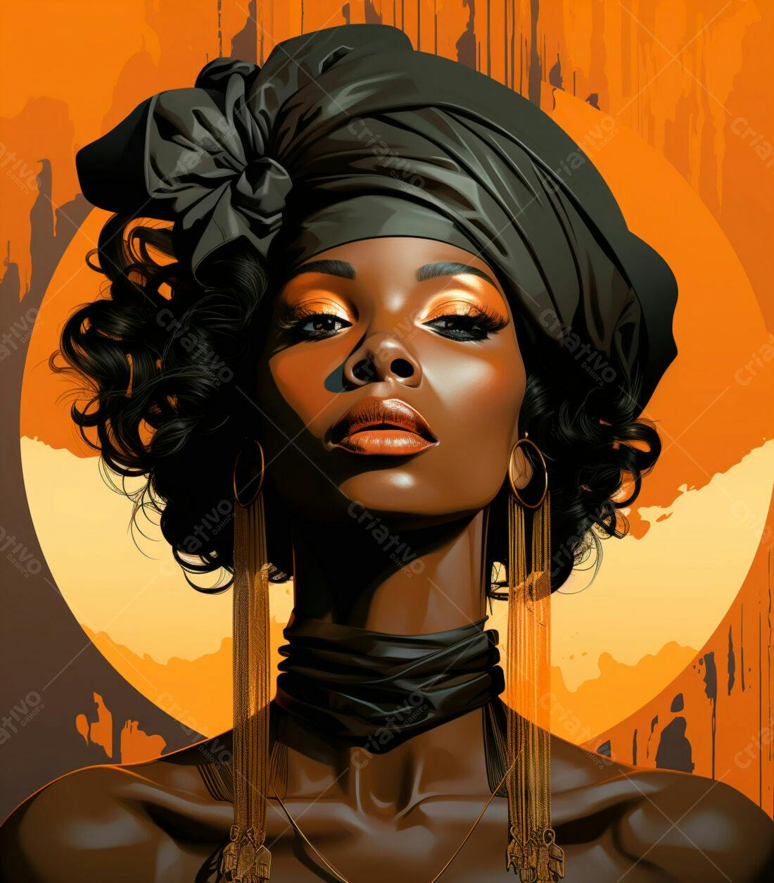 Retrato de mulher negra com turbante e brincos dourados