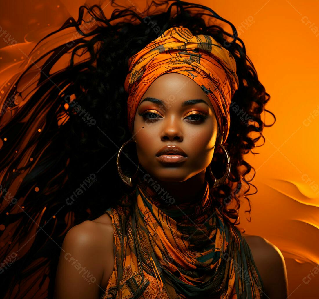Mulher negra com turbante laranja e maquiagem vibrante