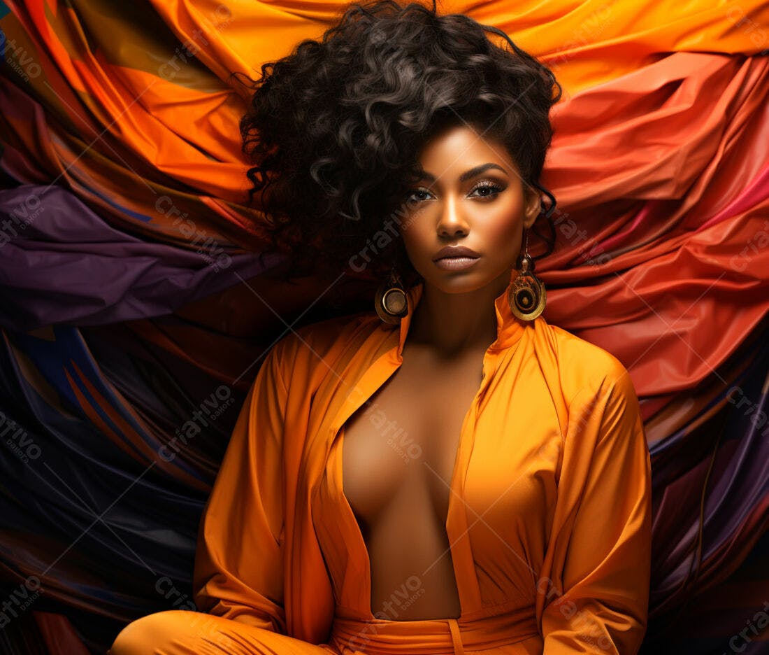 Modelo negra em macacão laranja com fundo de tecido colorido