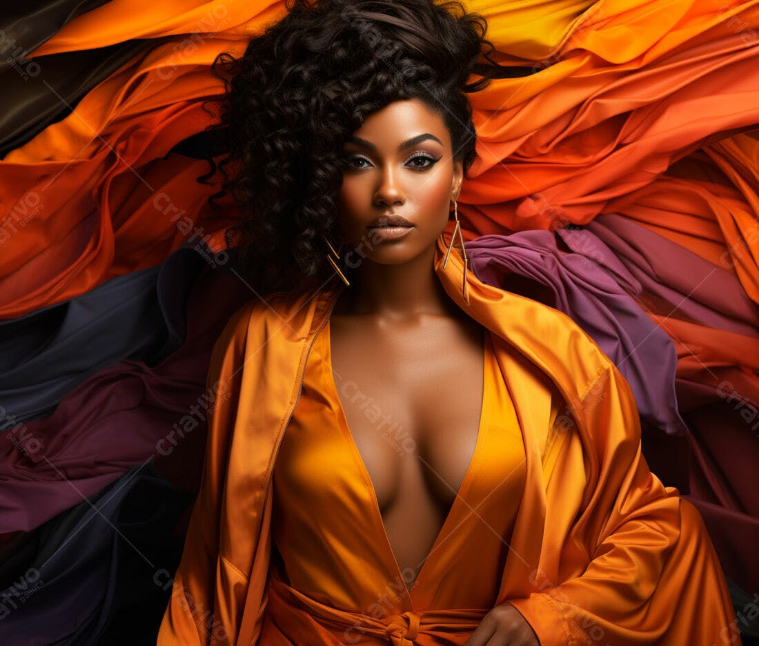 Modelo negra usando vestido laranja com tecidos coloridos
