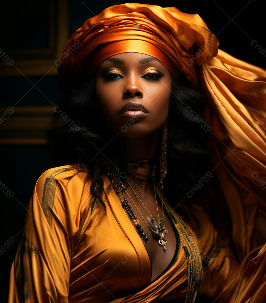 Mulher negra elegante em turbante dourado
