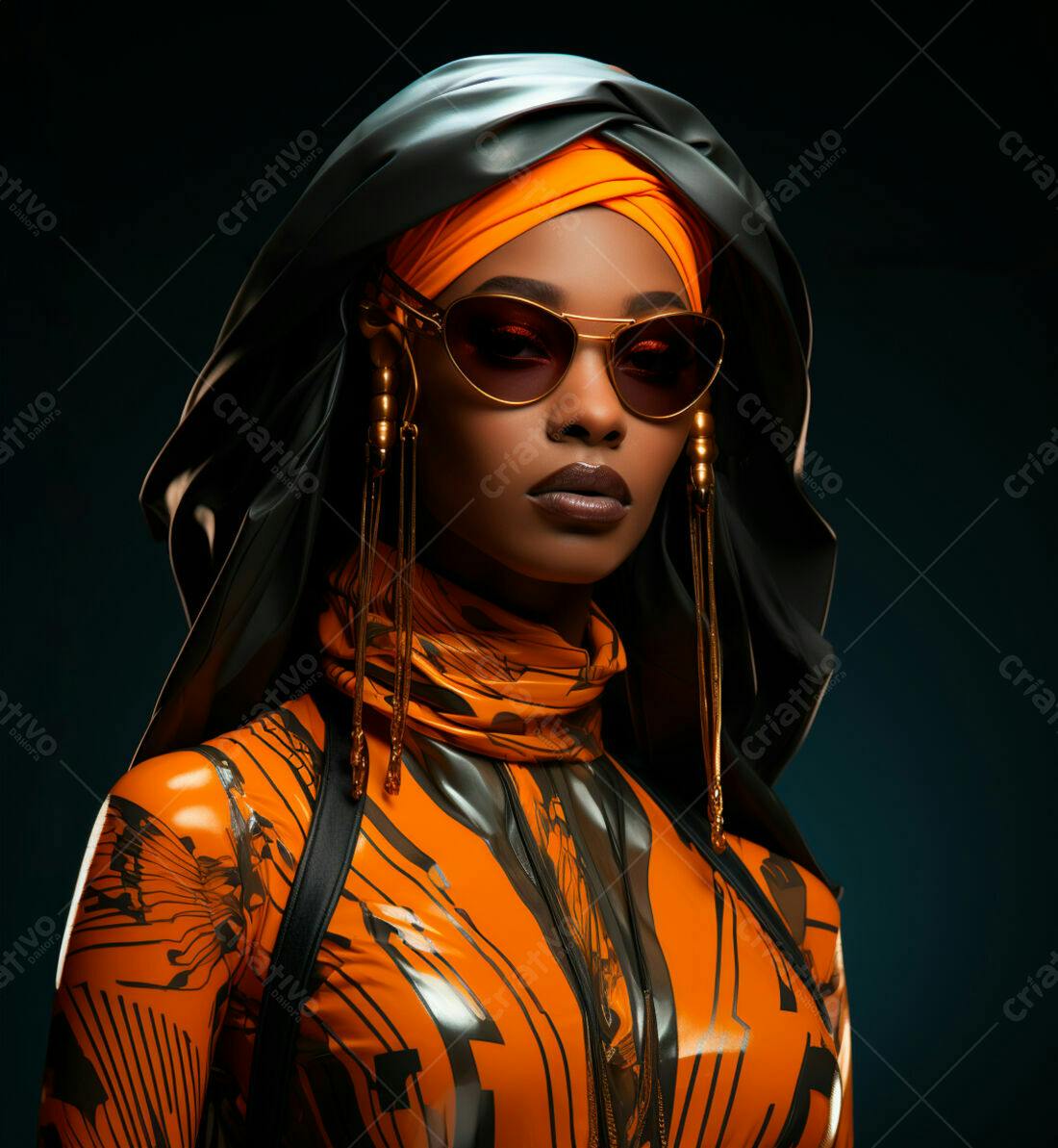 Modelo usando roupa laranja e turbante