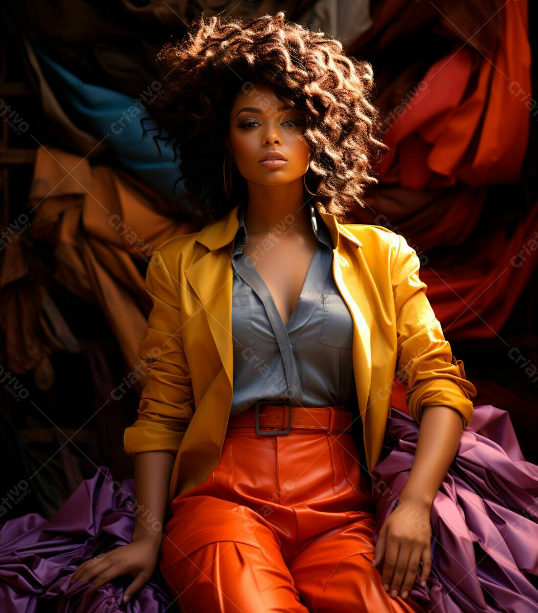 Modelo negra com blazer amarelo e calça laranja