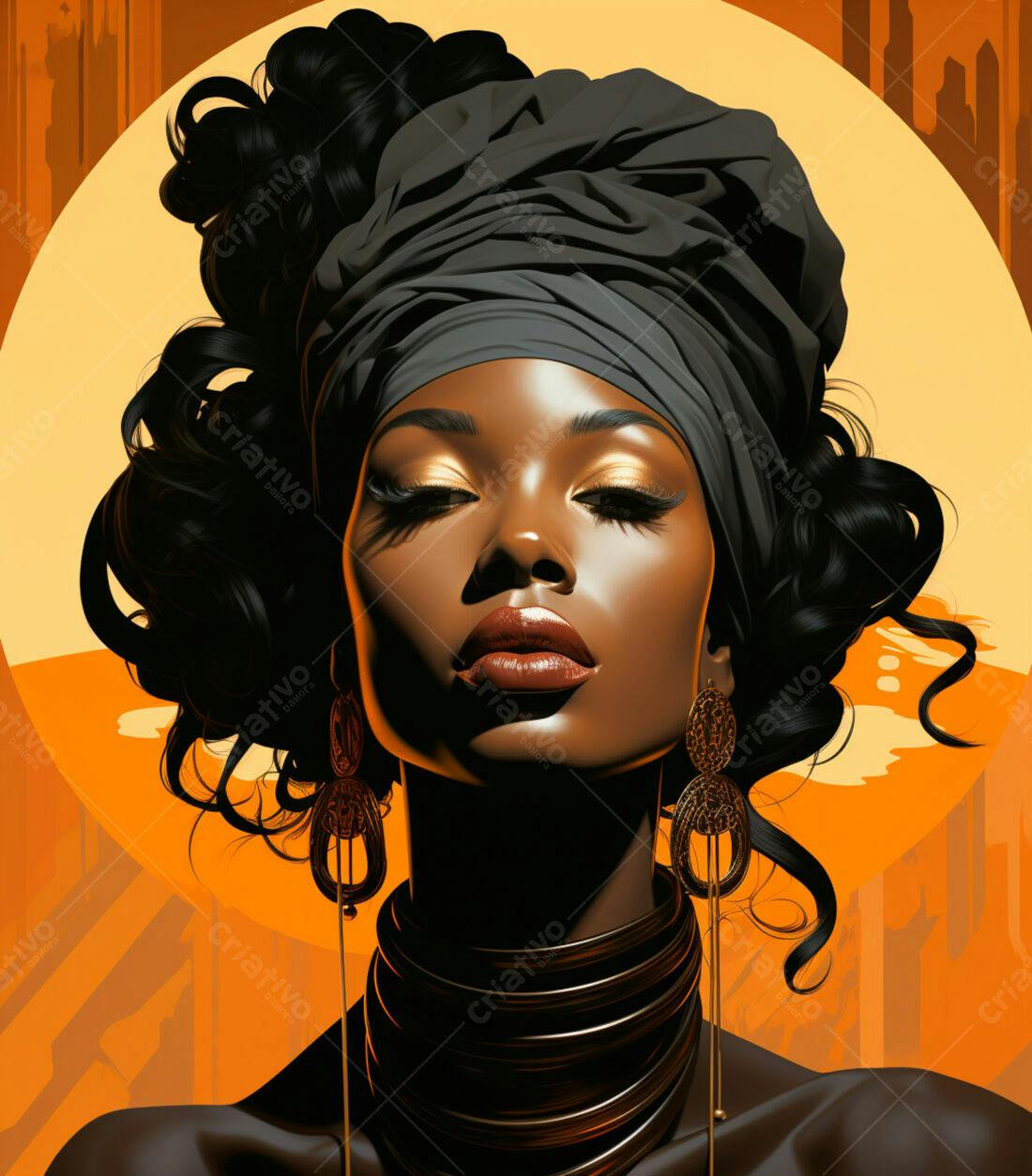 Retrato mulher negra turbante dourado