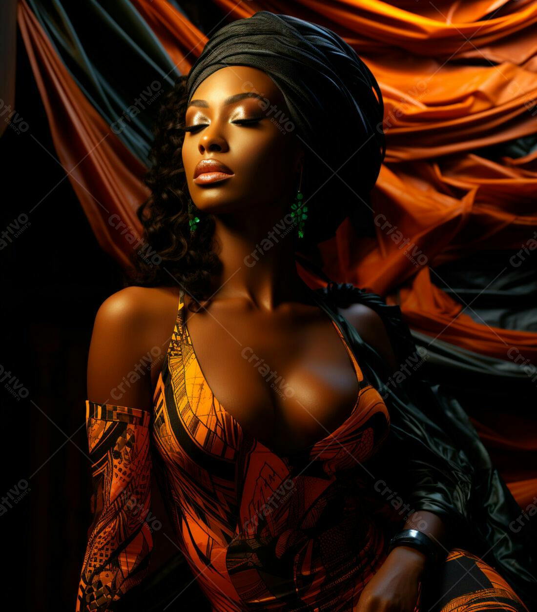 Modelo Africana em vestido laranja e turbante