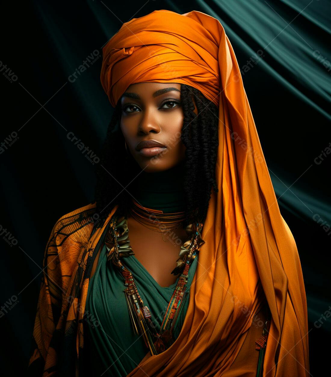 Mulher negra usando turbante laranja e colar
