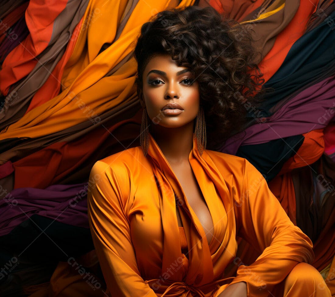 Modelo negra usando macacão laranja com fundo de tecidos