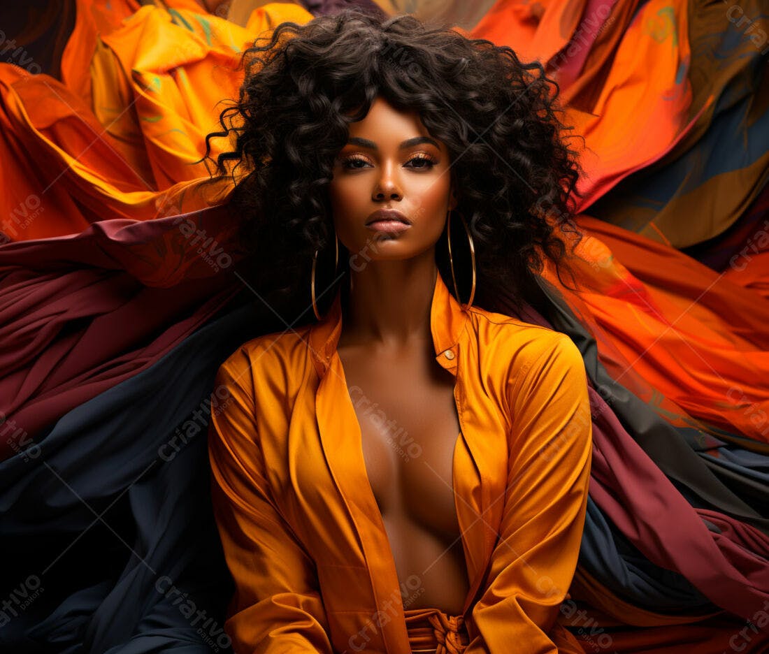 Modelo negra em tons de laranja e dourado