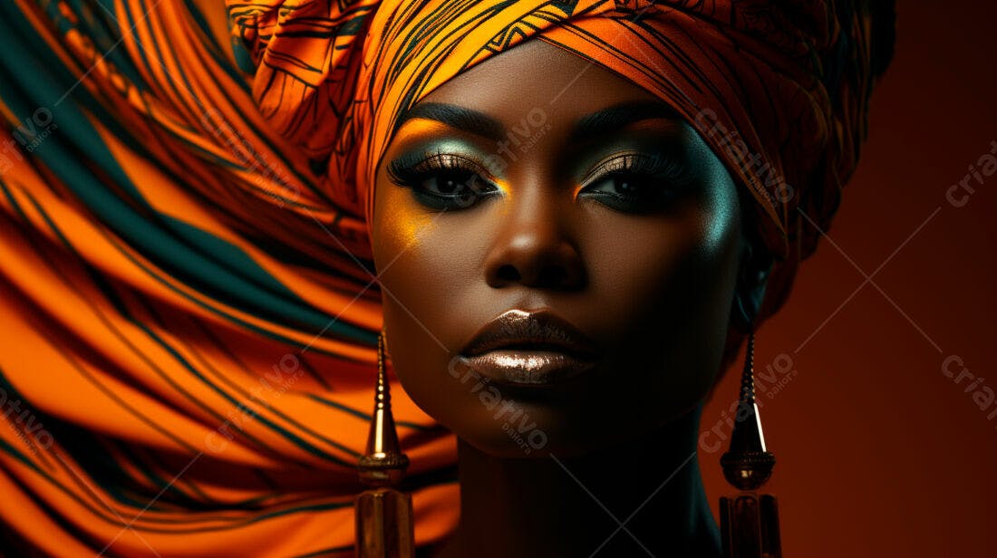 Mulher negra com turbante laranja e maquiagem dourada