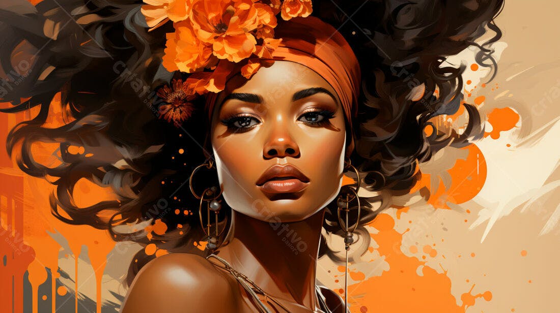 Retrato Mulher Negra Flores Laranjas