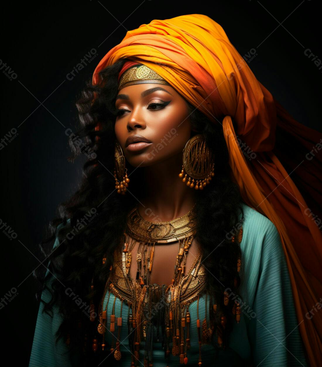 Mulher negra usando turbante laranja e joias douradas