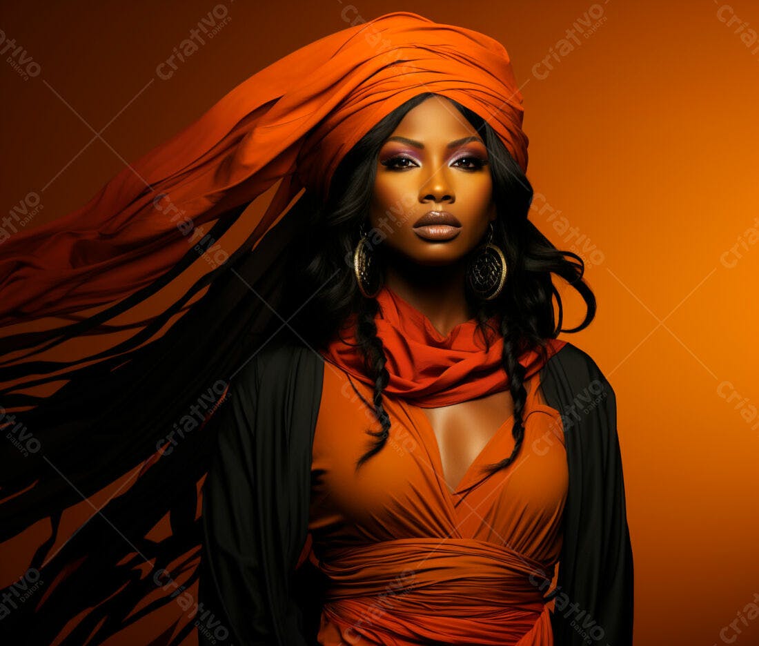 Mulher negra usando turbante laranja e vestido