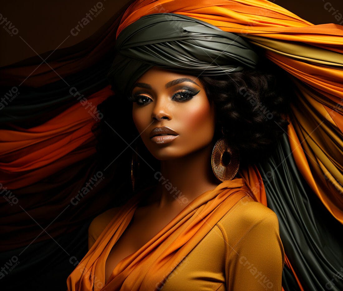 Modelo Negra com Turbante em Tons de Laranja e Verde