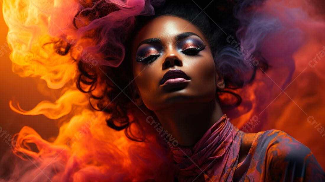 Modelo negra em fundo laranja e roxo