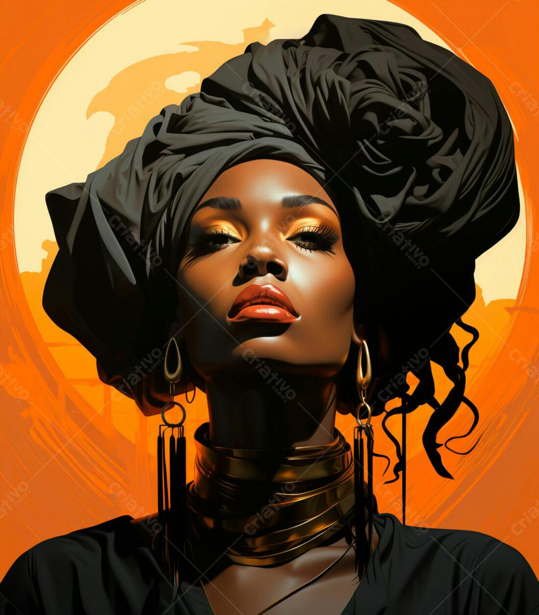 Mulher negra com turbante e joias douradas