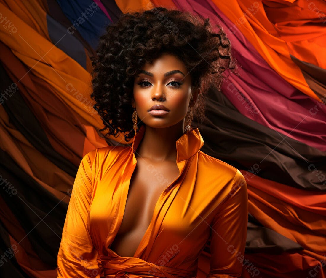 Modelo negra em vestido laranja