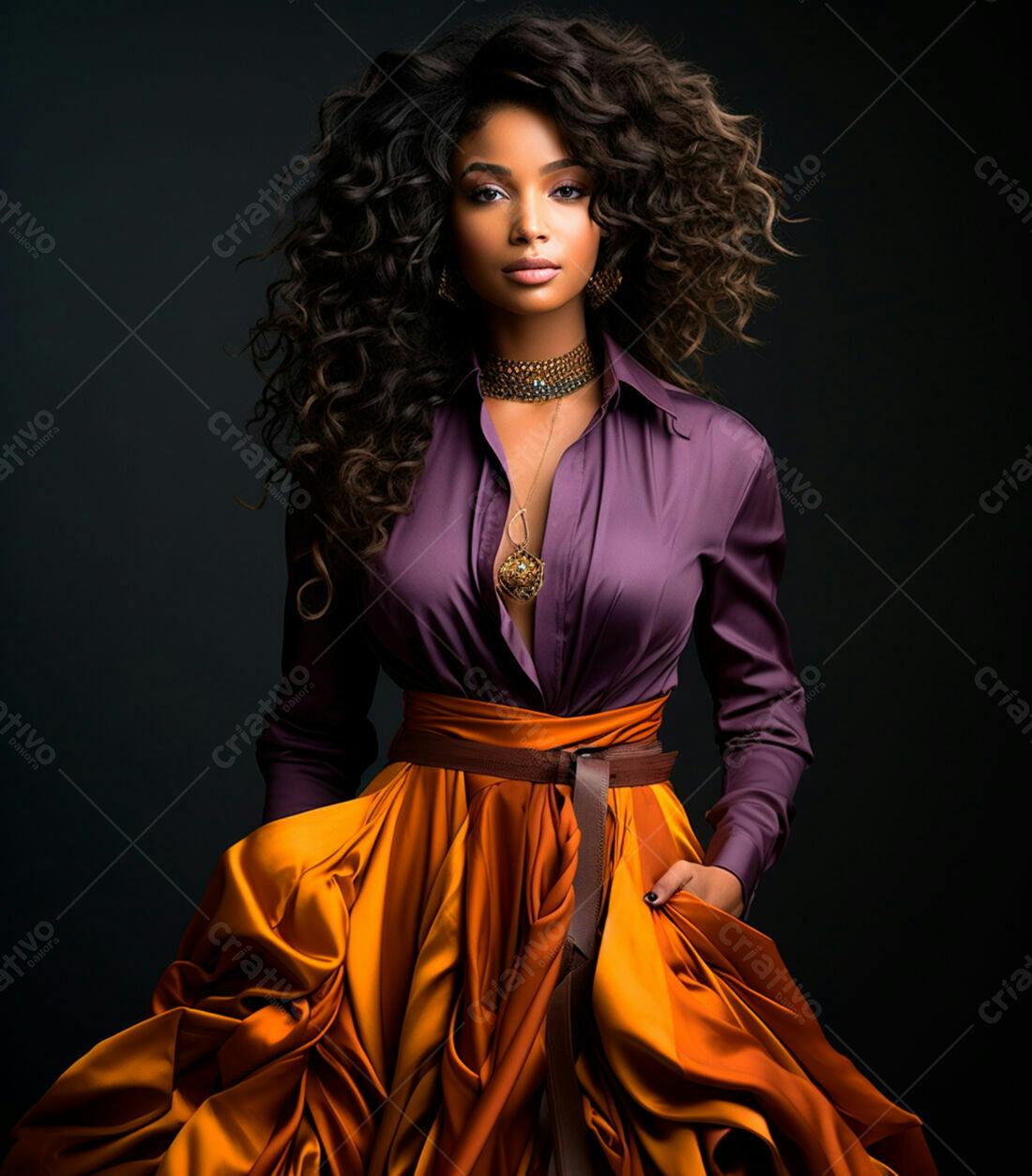 Modelo com cabelo cacheado usando vestido roxo e laranja