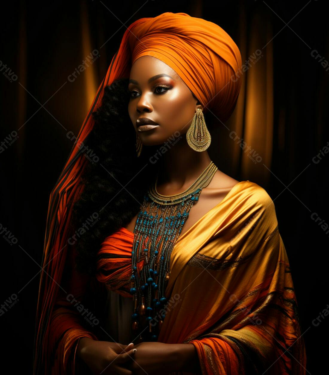 Mulher negra elegante em turbante laranja