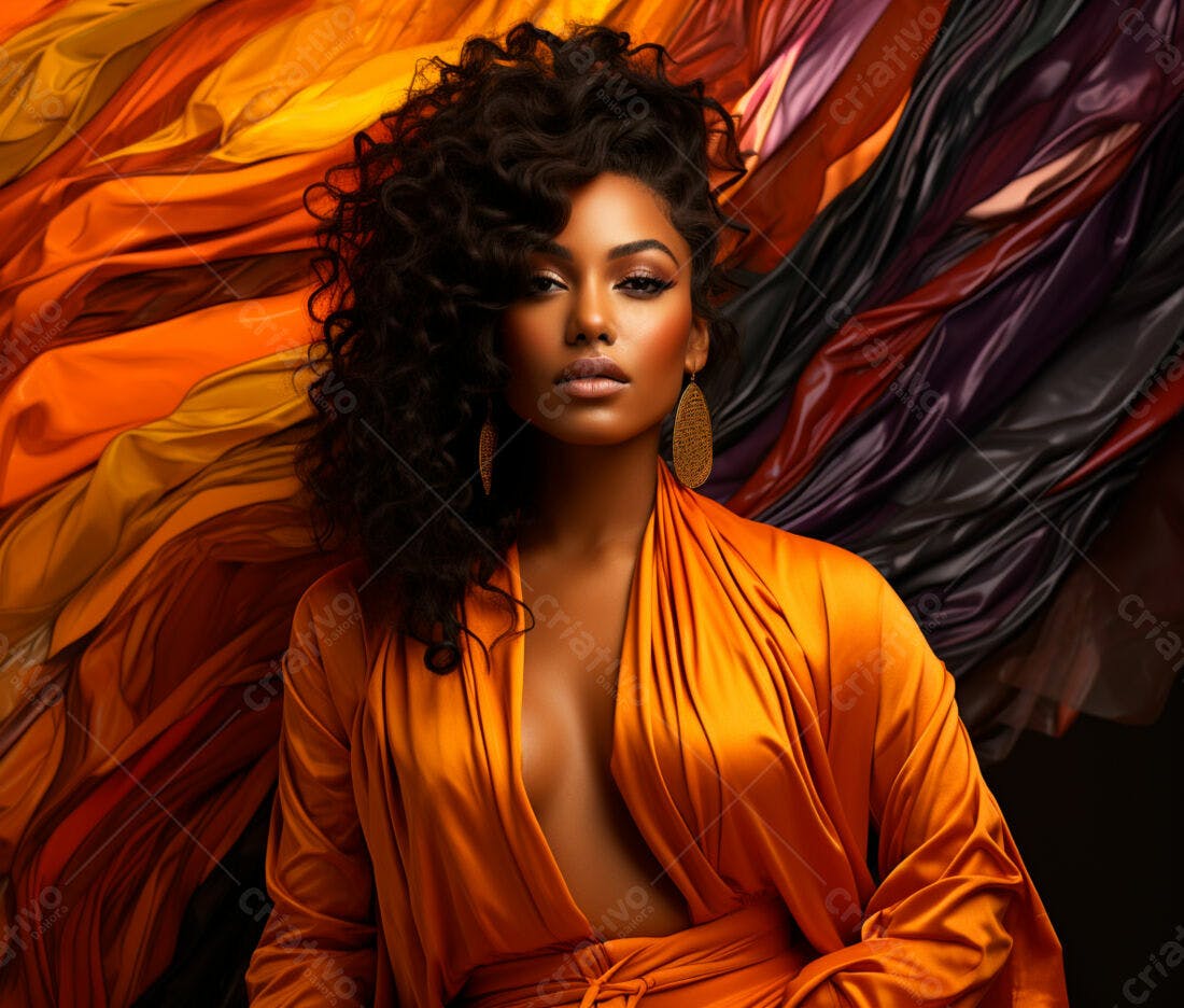 Modelo negra em vestido laranja com fundo de tecido