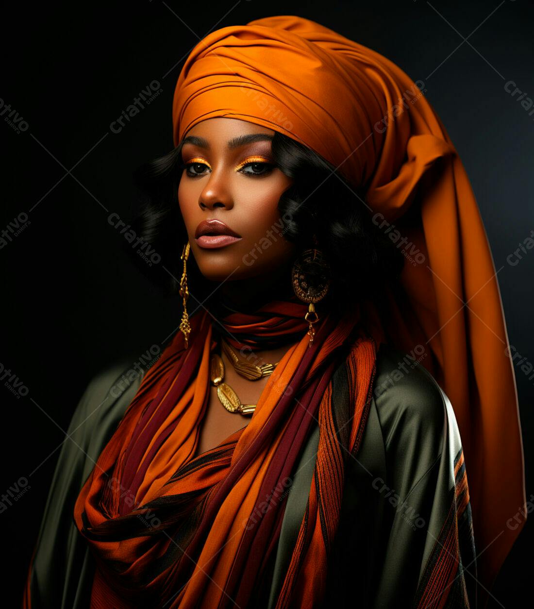 Modelo usando turbante laranja e joias douradas