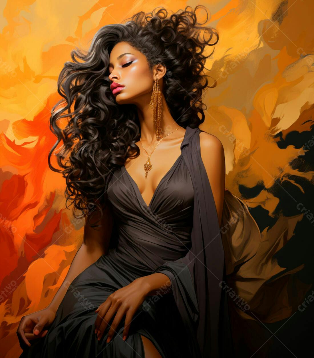 Modelo mulher negra em vestido preto fundo laranja