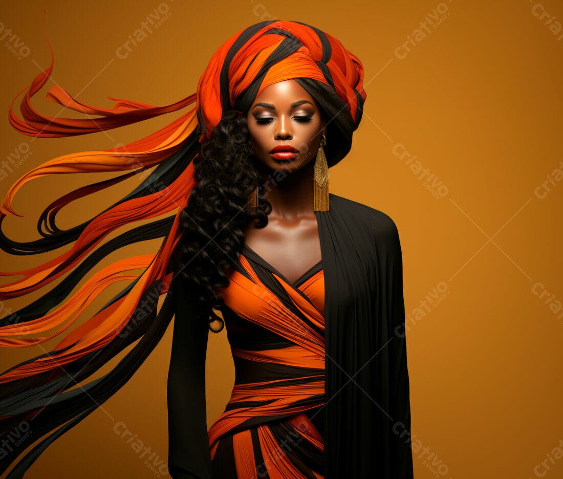 Modelo negra com turbante laranja e vestido elegante