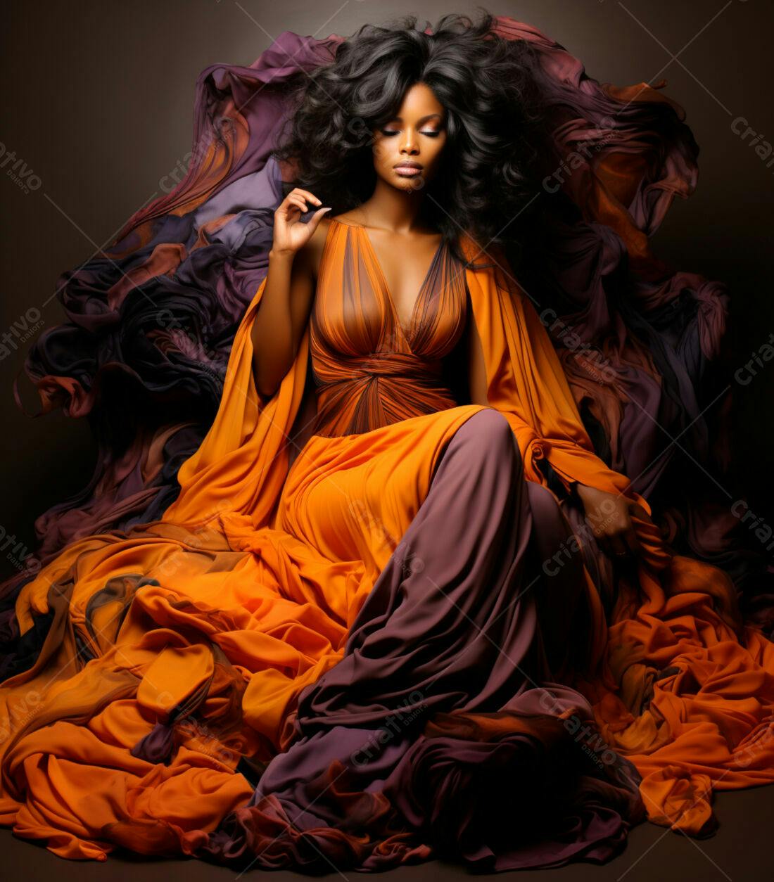 Modelo negra em vestido laranja e roxo