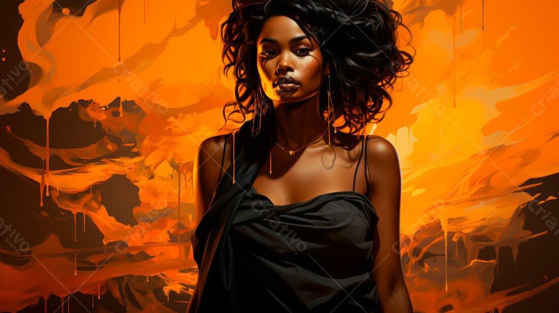 Modelo negra em fundo laranja vibrante