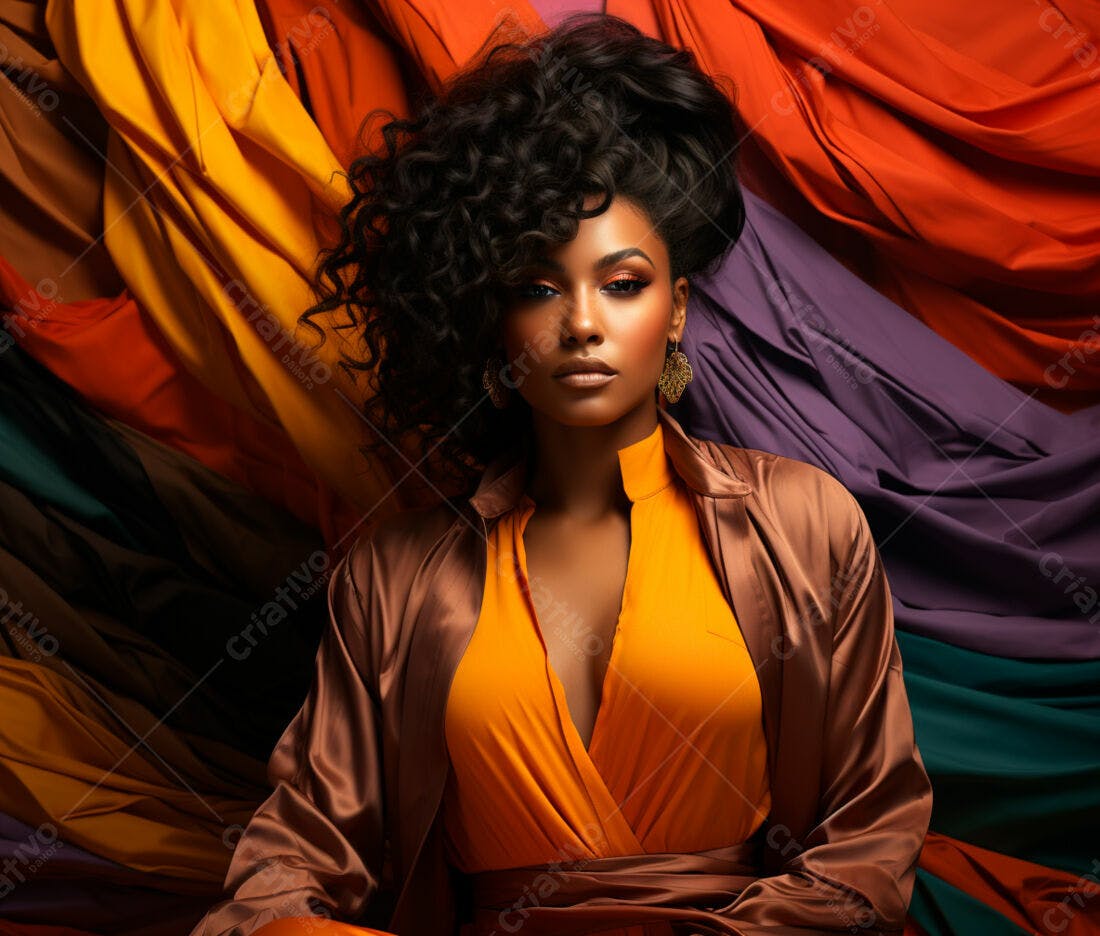Modelo negra em vestido laranja e marrom