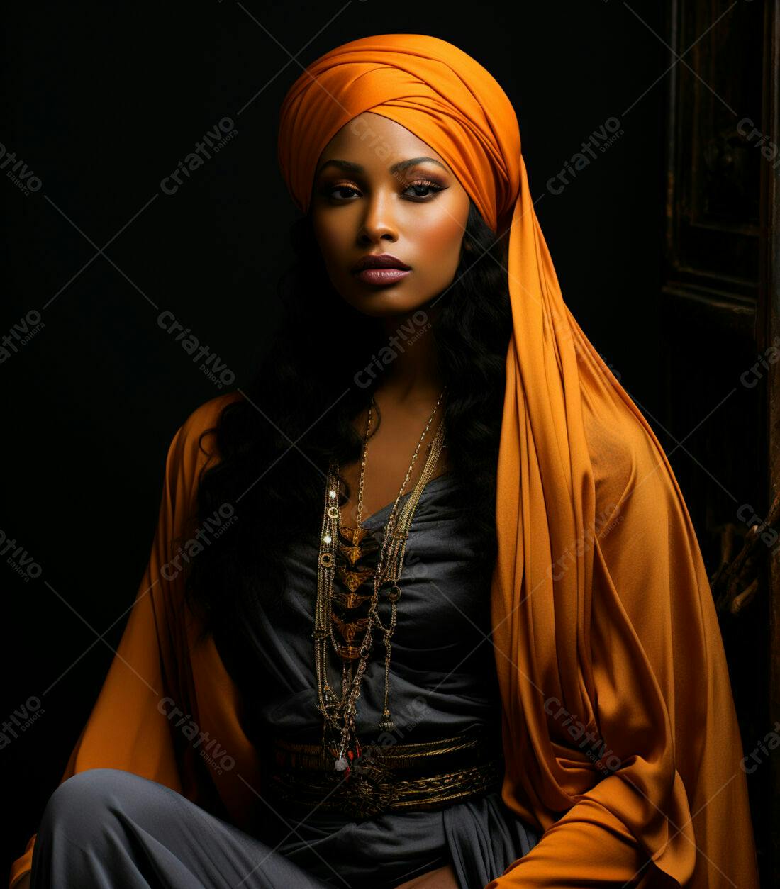Mulher negra usando turbante laranja e joias