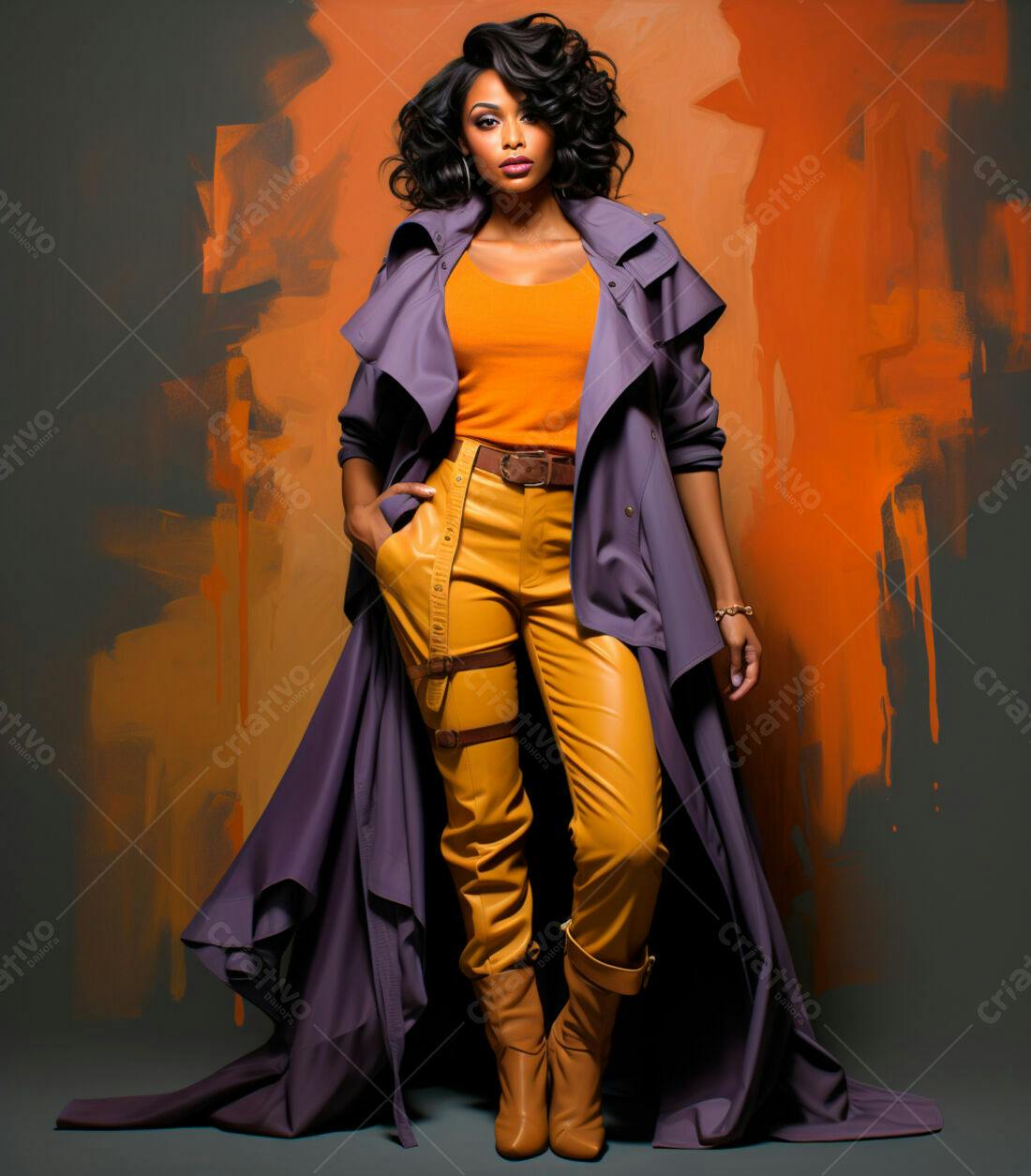 Modelo negra vestindo roupa laranja e roxa