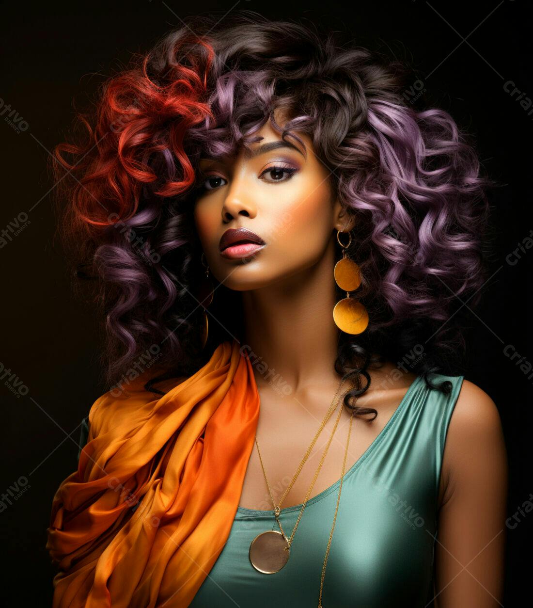 Modelo com cabelo vermelho e roxo usando acessórios dourados
