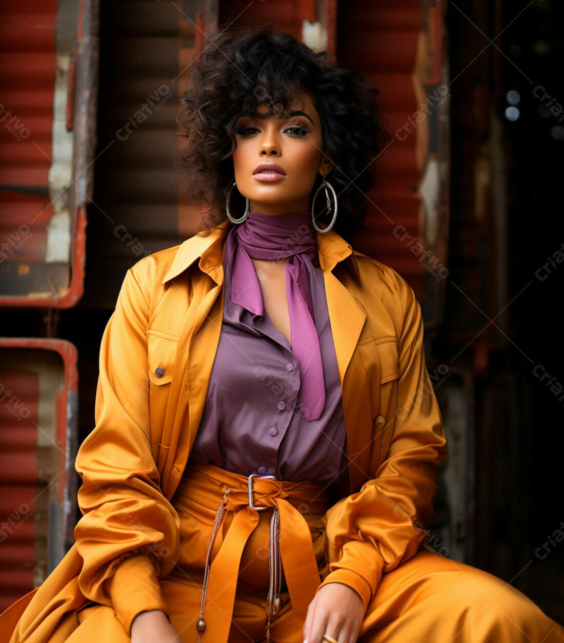 Modelo negra usando roupa laranja e roxa