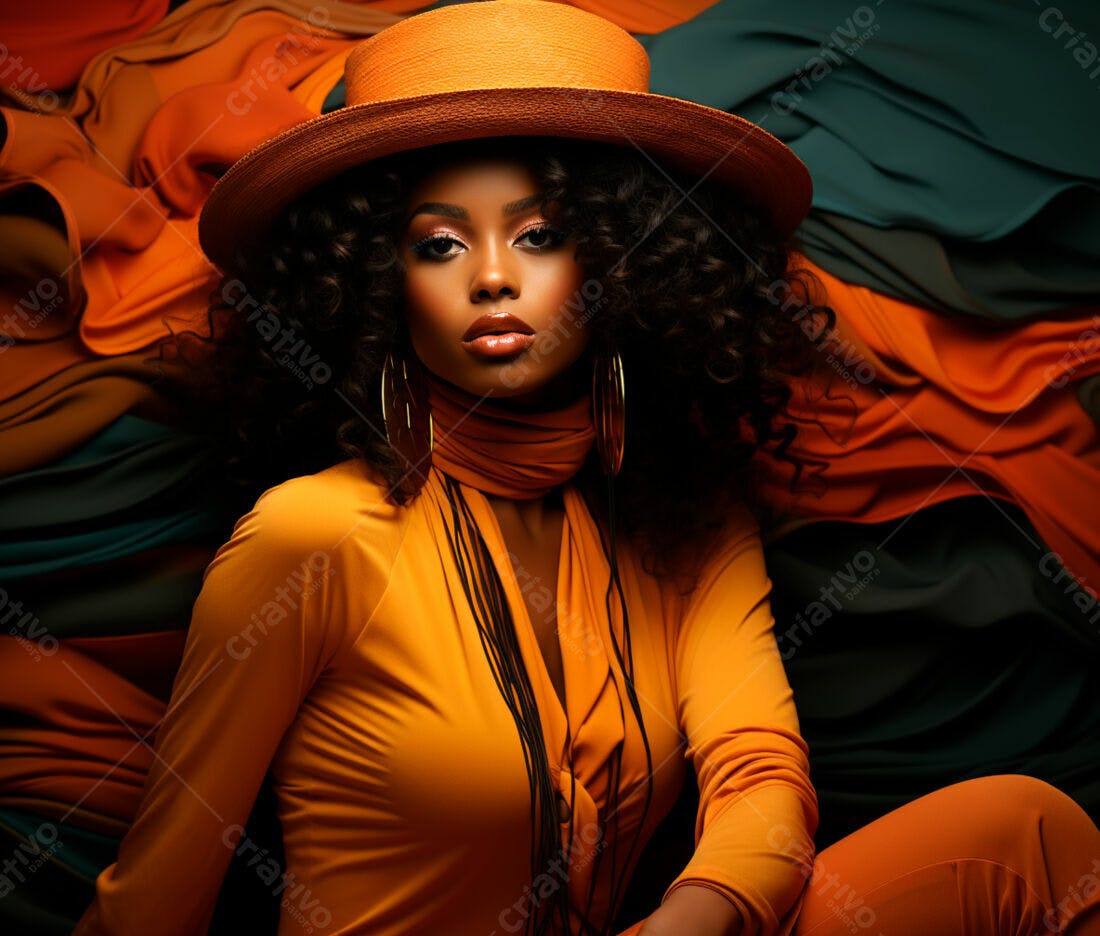 Modelo negra usando chapéu e roupa laranja