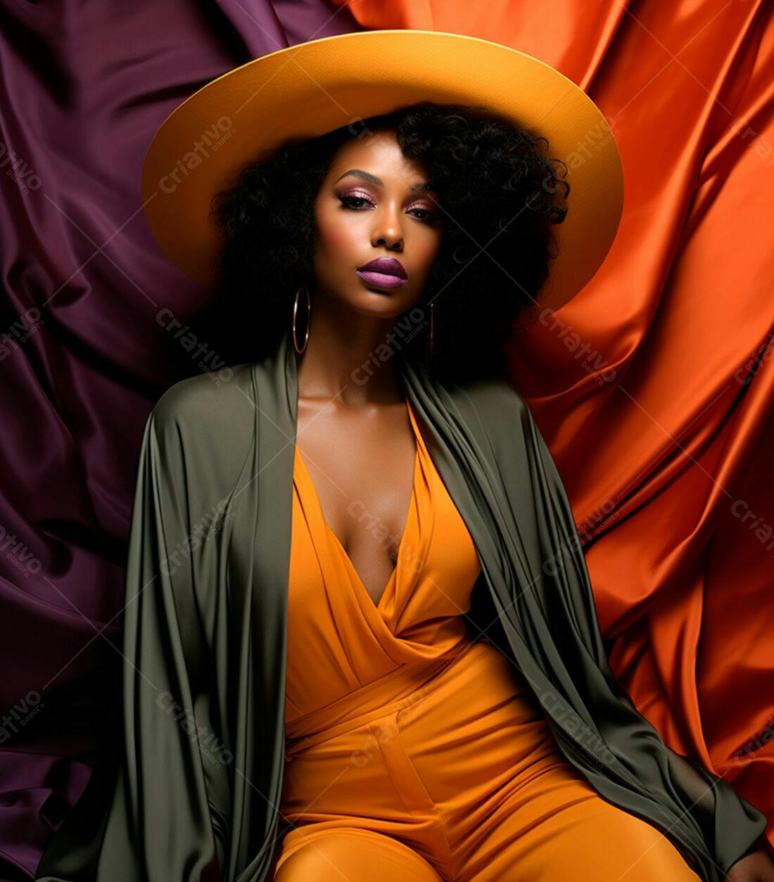 Modelo negra usando chapéu amarelo e macacão laranja