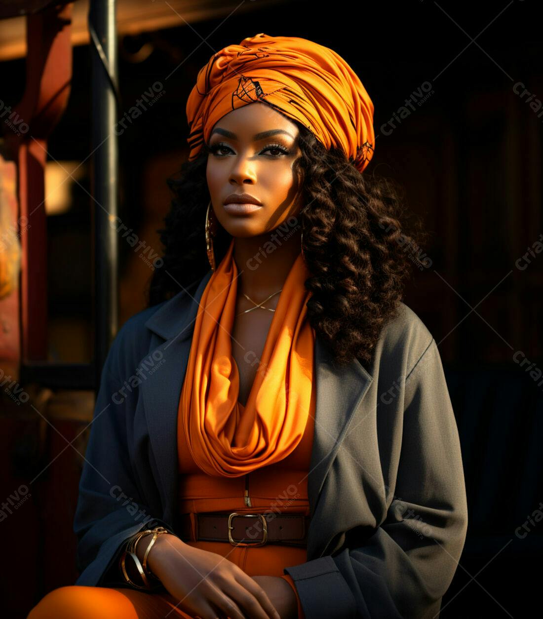 Mulher negra elegante com turbante laranja