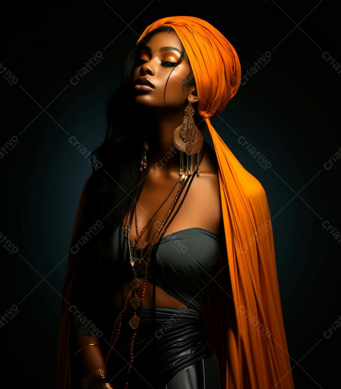 Mulher negra com turbante laranja e joias