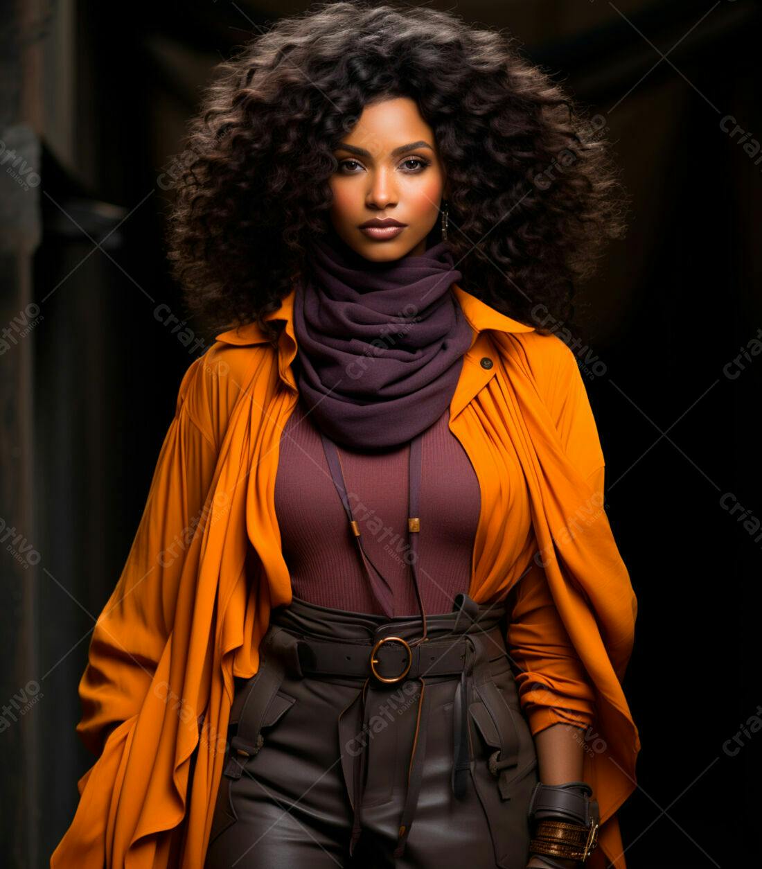 Modelo negra com cabelo afro usando roupa laranja e marrom