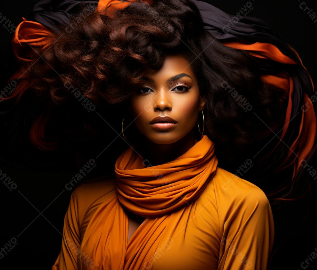 Modelo negra com cabelo cacheado e roupa laranja