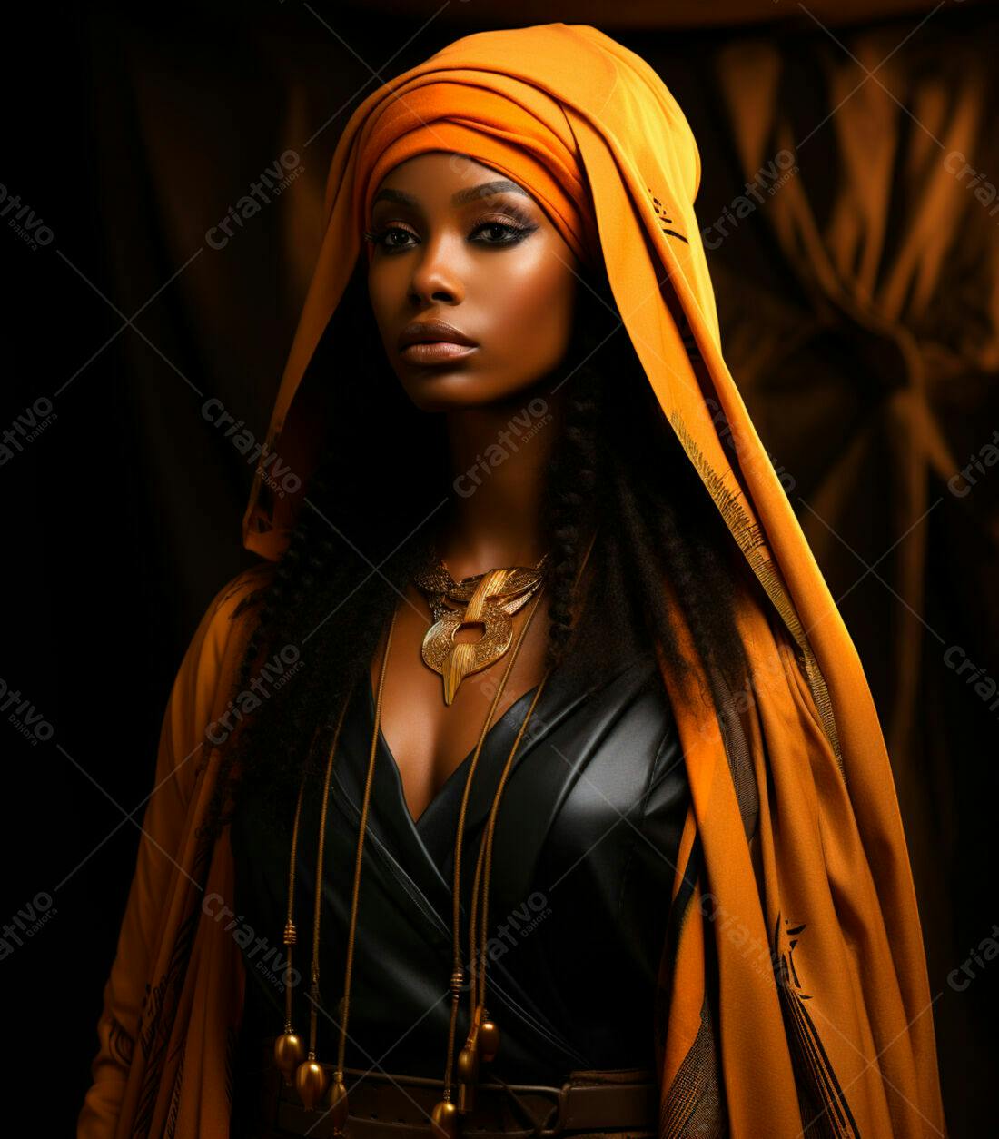 Modelo negra usando turbante laranja e joias douradas