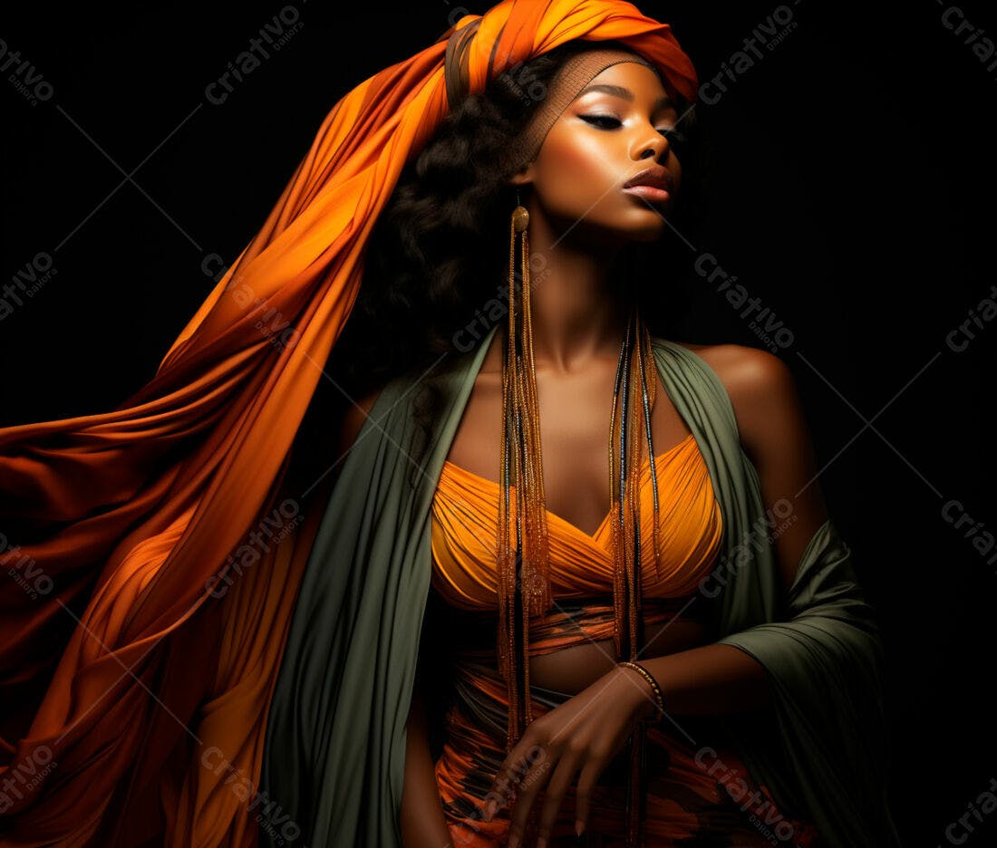 Modelo negra usando turbante laranja e vestido