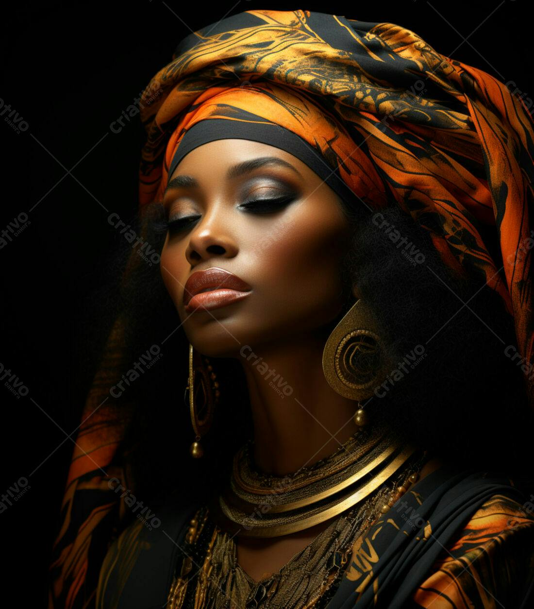 Mulher negra com turbante laranja e dourado