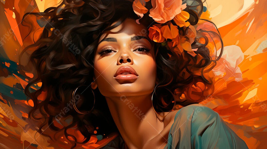 Mulher com flores laranjas cabelo cacheado