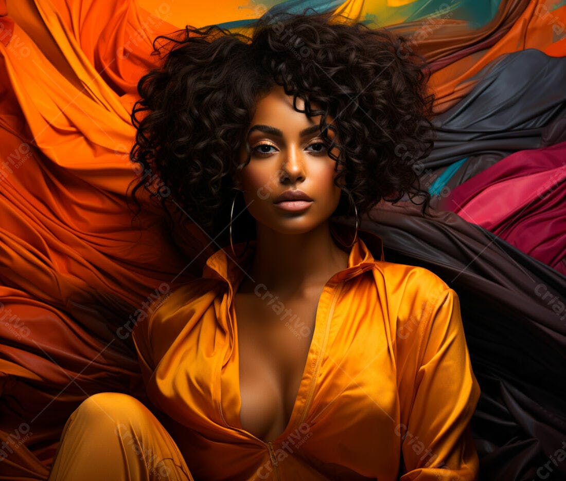 Mulher negra com cabelo crespo em roupa laranja