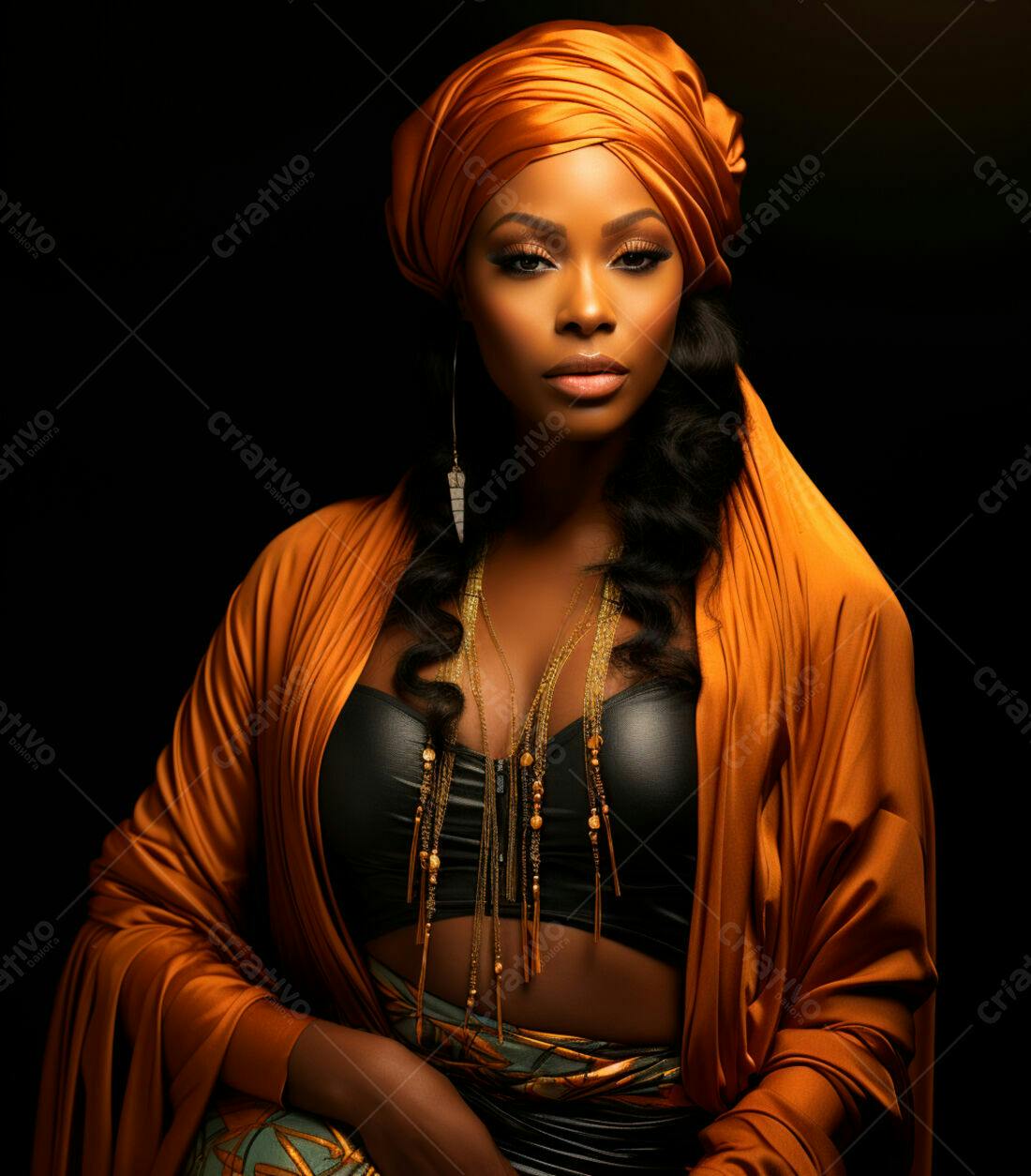 Mulher negra usando turbante laranja e joias