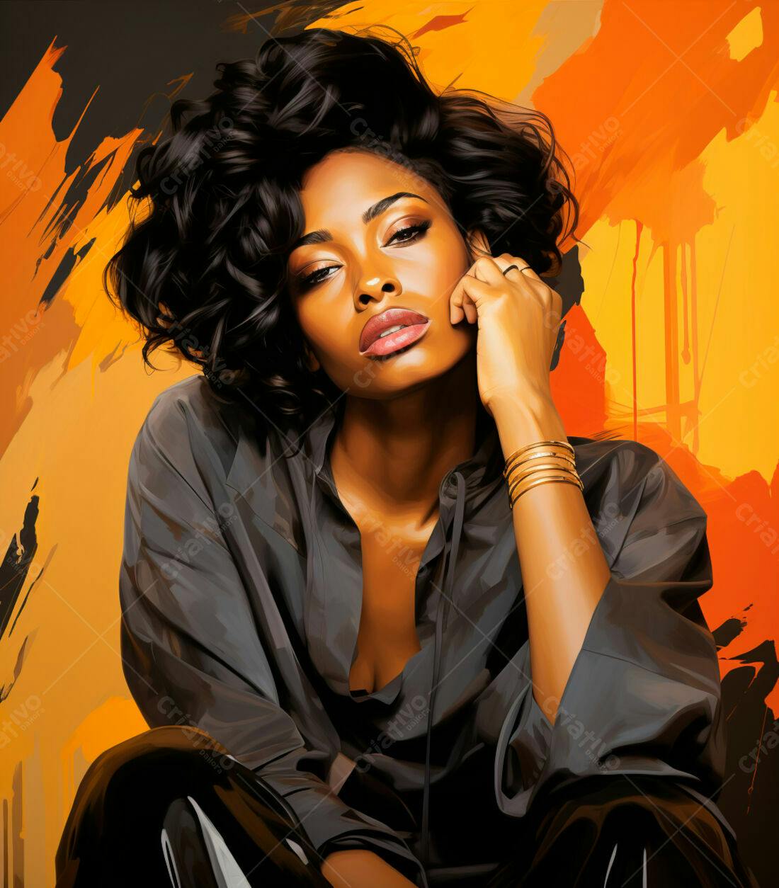 Mulher negra elegante com cabelo cacheado fundo laranja