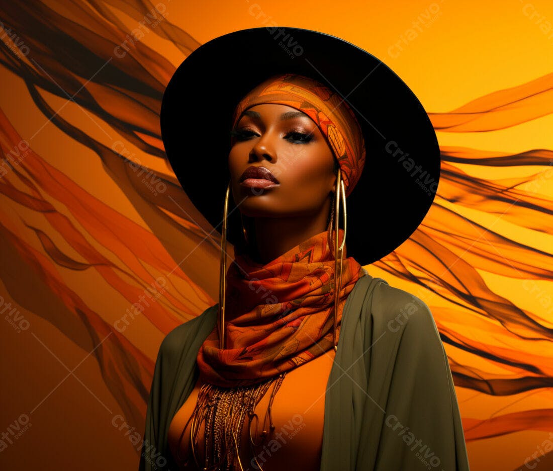 Modelo usando chapéu e lenço laranja