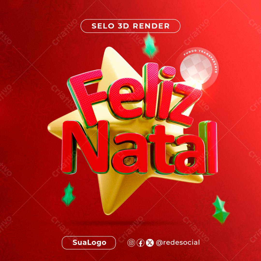 Selo 3D Natalino dourado e vermelho estrela