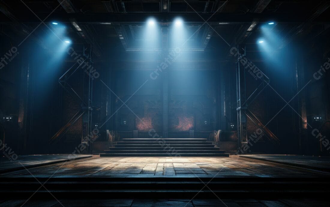 Palco escuro com iluminação azul e estrutura metálica