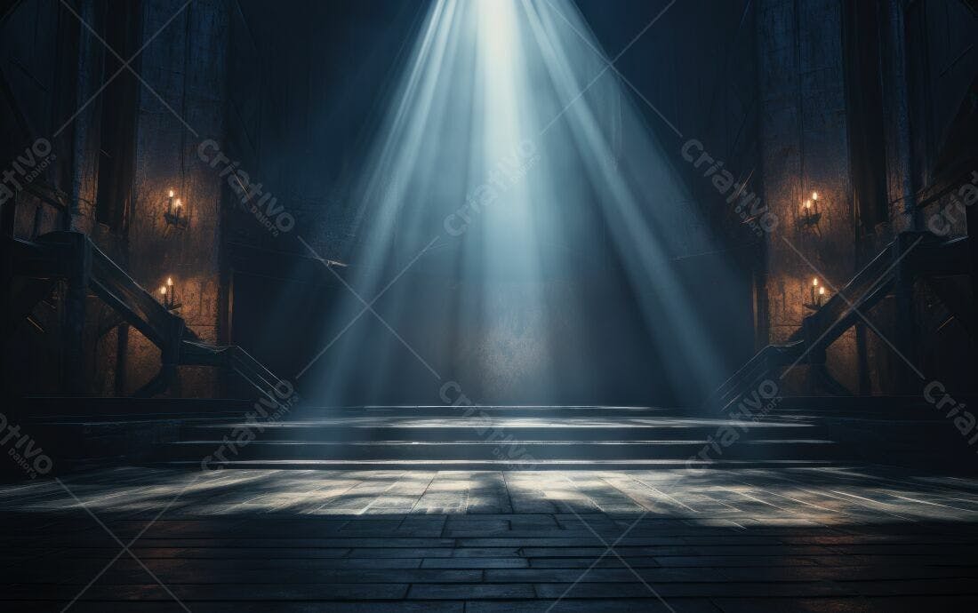 Interior gótico com luz dramática e escadas